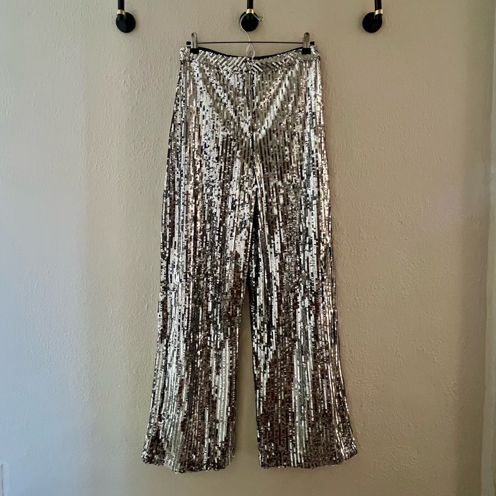 12th Tribe California Dreaming Silver Sequin Trousers Size Medium - Picture 5 of 6